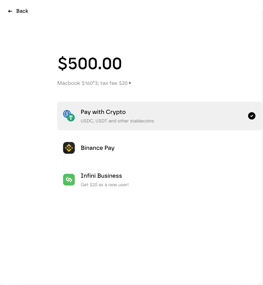 Screenshot: crypto checkout