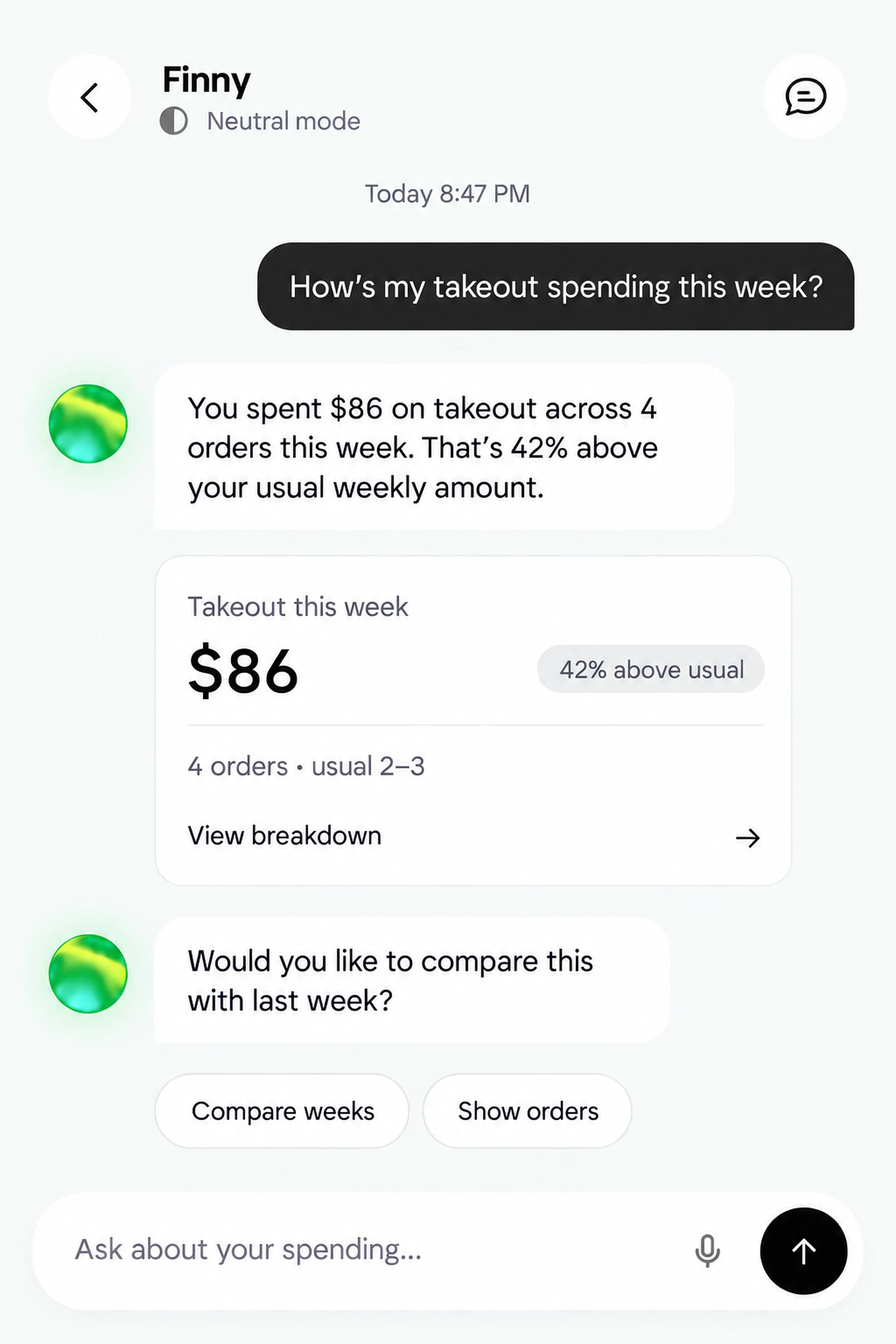 Neutral mode example of Finny reviewing weekly takeout spending