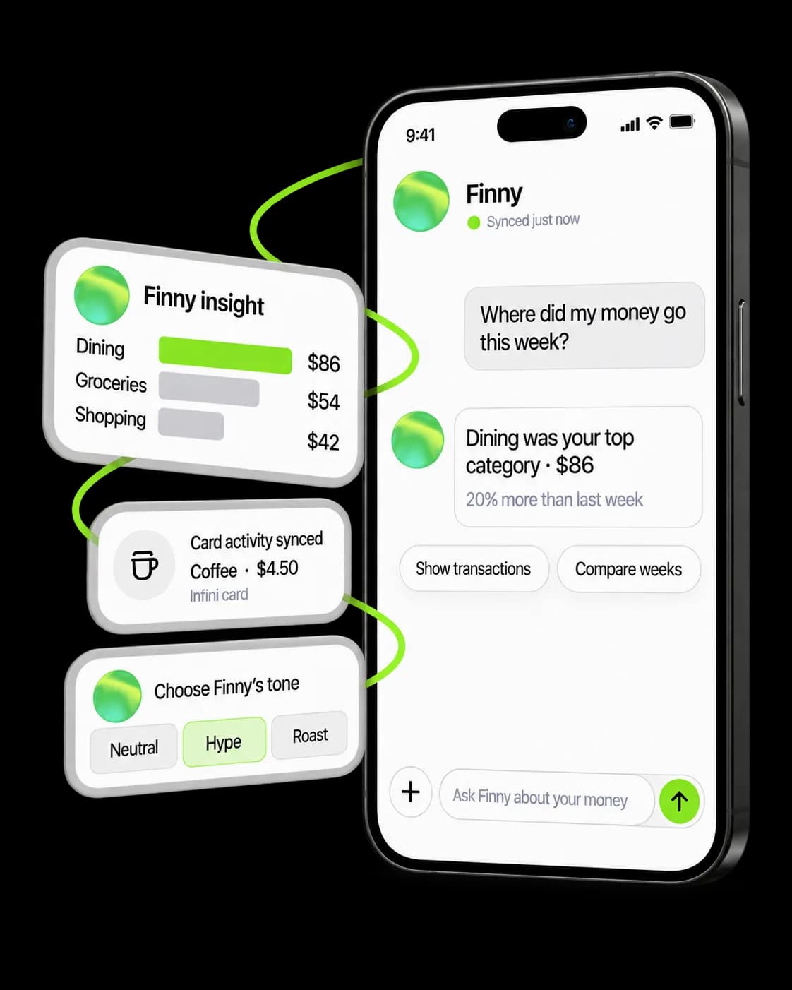 Finny AI assistant tracking spending in the Infini app