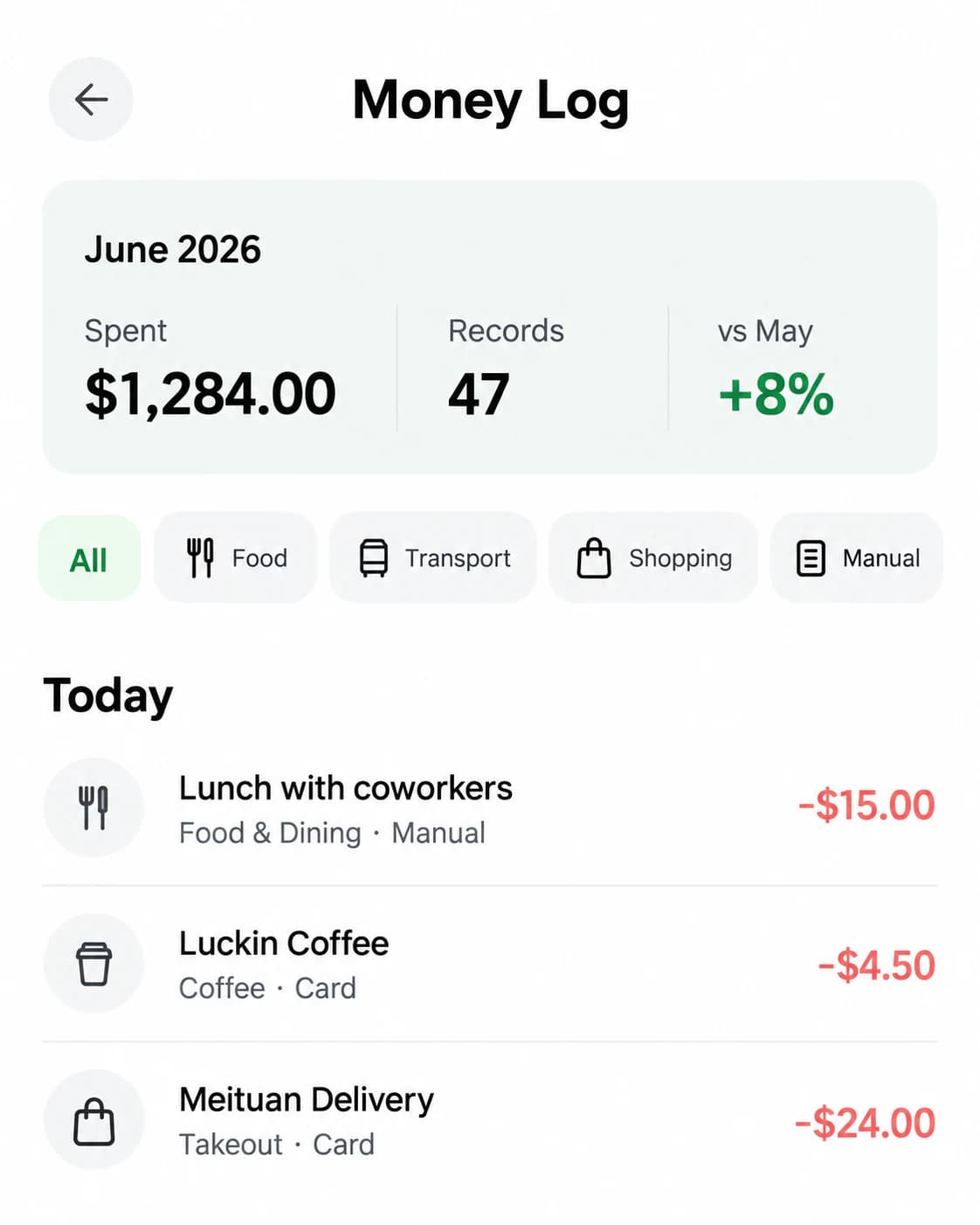 Finny Money Log screen showing three card and manual expenses together under Today