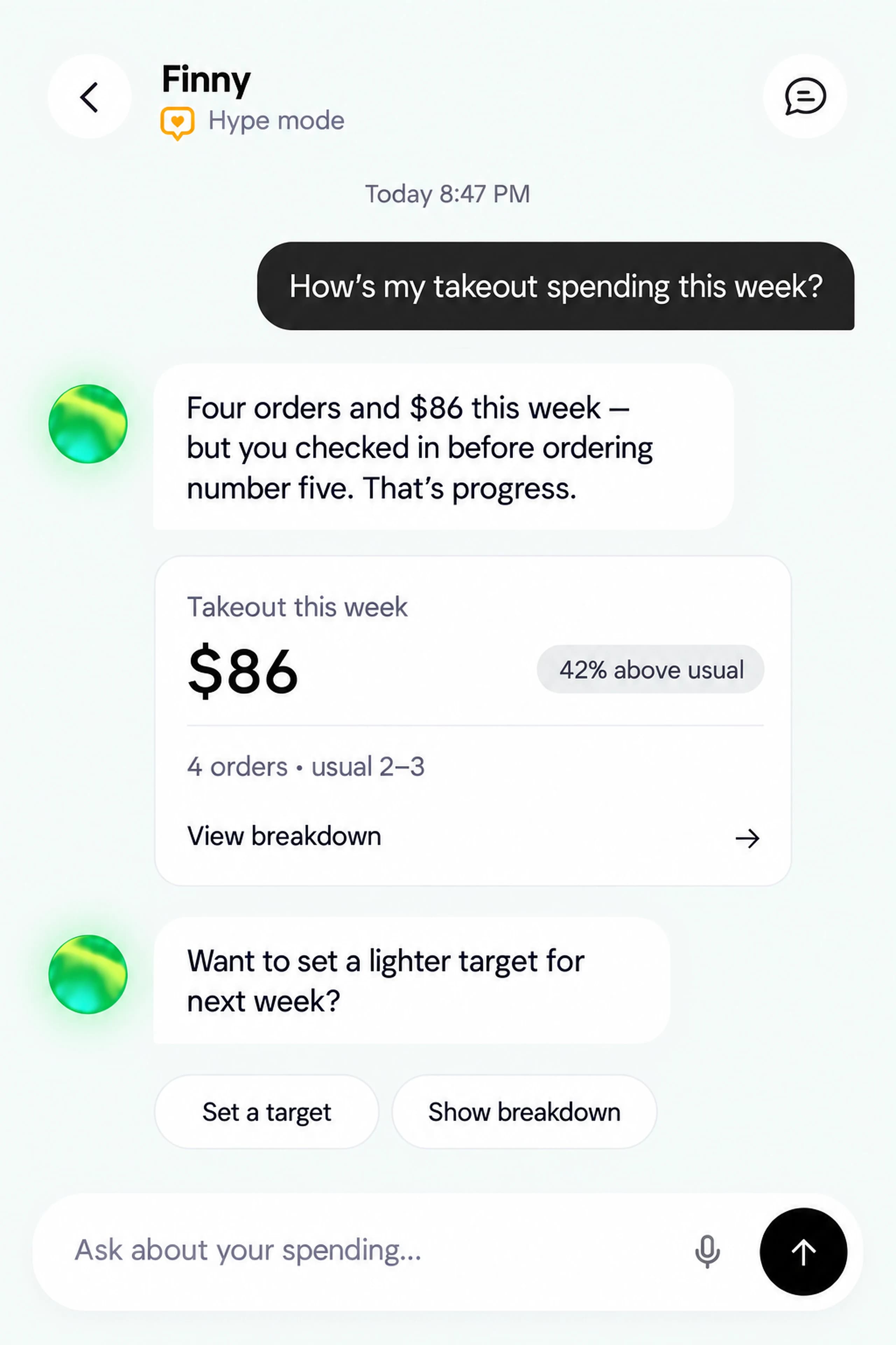 Hype mode example of Finny reviewing weekly takeout spending