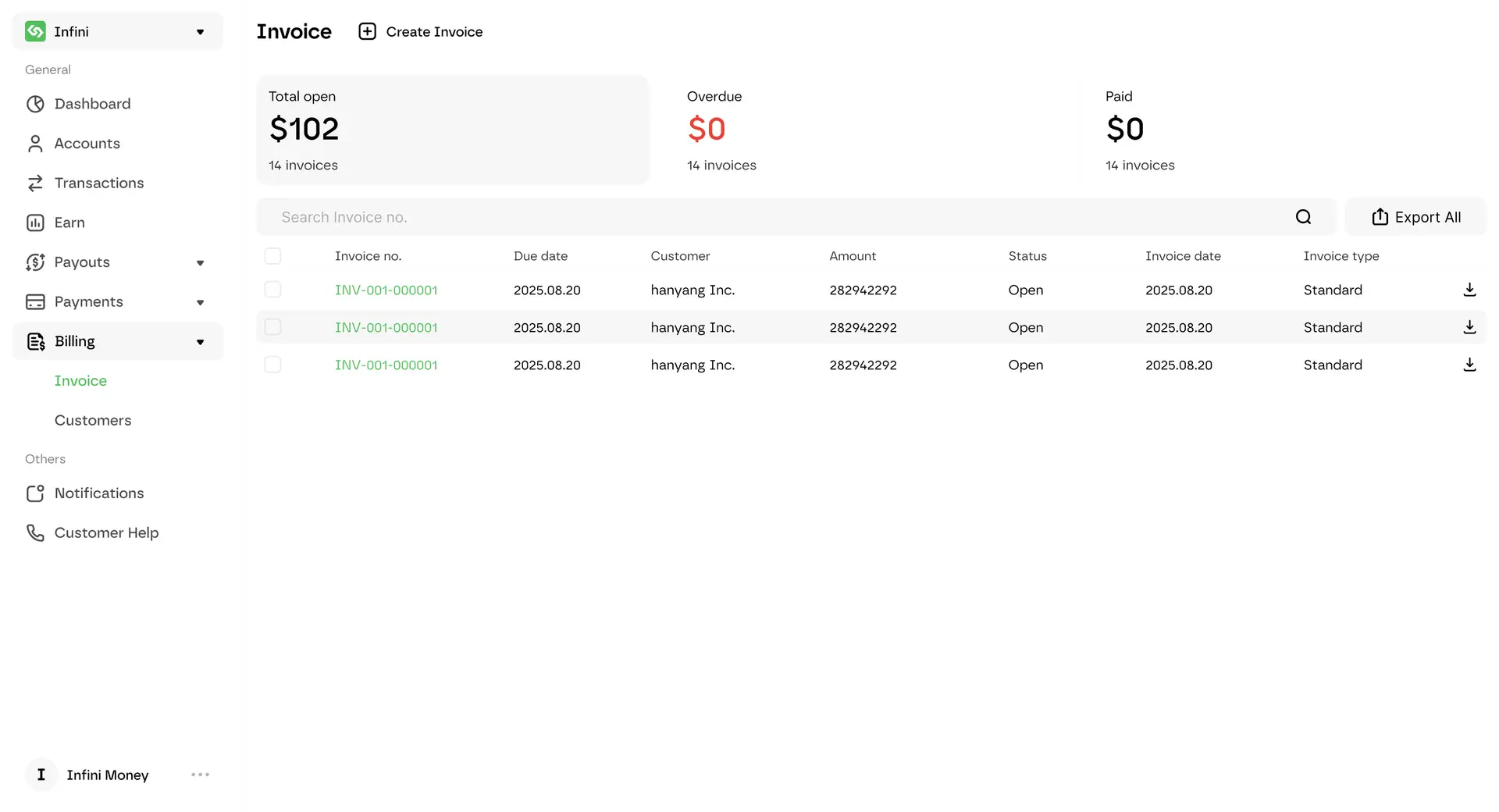 Infini invoice dashboard showing invoice totals, invoice list and payment statuses